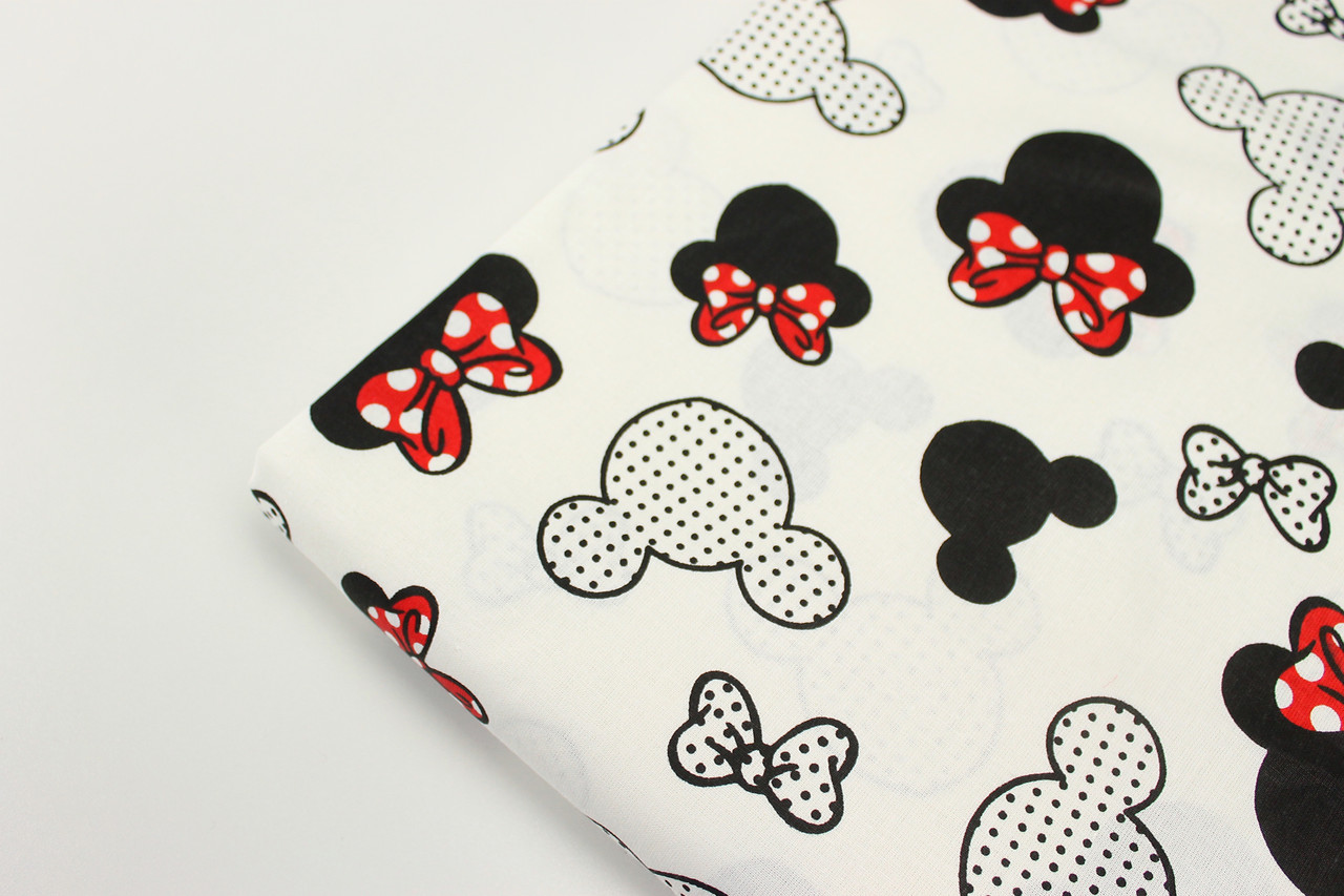 Лоскуток. Тканина бавовняна "Мікі з червоним бантиком" на білому тлі 51*160 см, фото 1