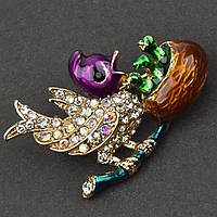 Брошка металева на золотистій основі пташки, що переливаються, покрита кольоровою емаллю розмір 30х30 мм