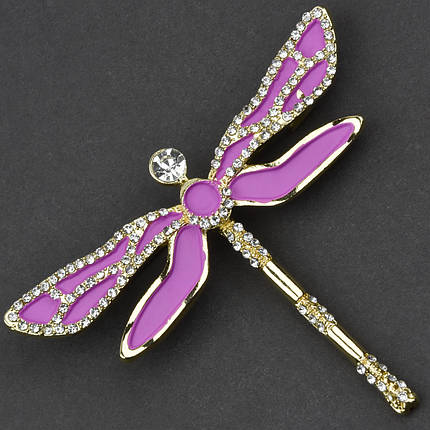 Брошка металева на золотистій основі бабка з білими стразами покрита кольоровою емаллю розмір 50х60 мм, фото 1