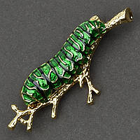 Брошка металева на золотистій основі гусениця на гілочці покрита кольоровою емаллю розмір 20х45 мм
