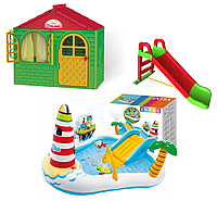 НАБОР "Рыбалка мини" Детский домик со шторками, детская горка ТМ Doloni и надувной комплекс INTEX