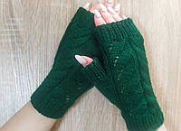 Зеленые женские митенки, рукавички без пальцев. Полушерсть. Ручная работа