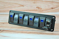 Блок переключателей 7 клавиш, и два выхода под USB 4.2А , синяя подсветка + наклейки (7+2)