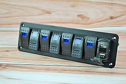 Блок перемикачів 7 клавіш, і два виходи під, синє підсвічування + наклейки USB 4.2А (7+2)