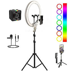 Набір блогера 5в1 Світлодіодна кільцева RGB лампа 3D 45см Штатив 2м Селфі палиця Петличний мікрофон Екш камера