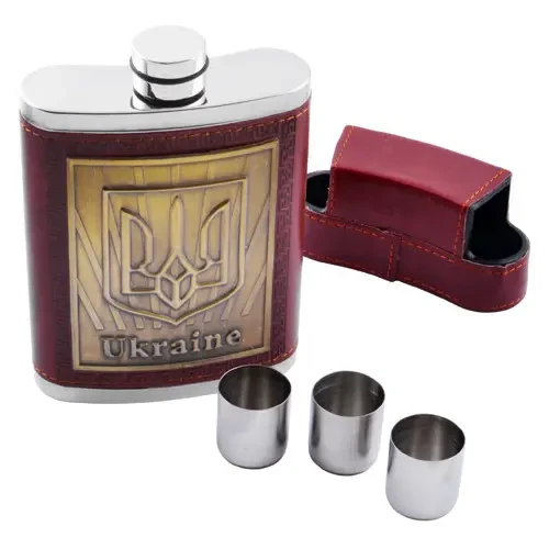 Фляга з нержавіючої сталі 284мл + чарки, обтягнута шкірою, Україна, фото 1
