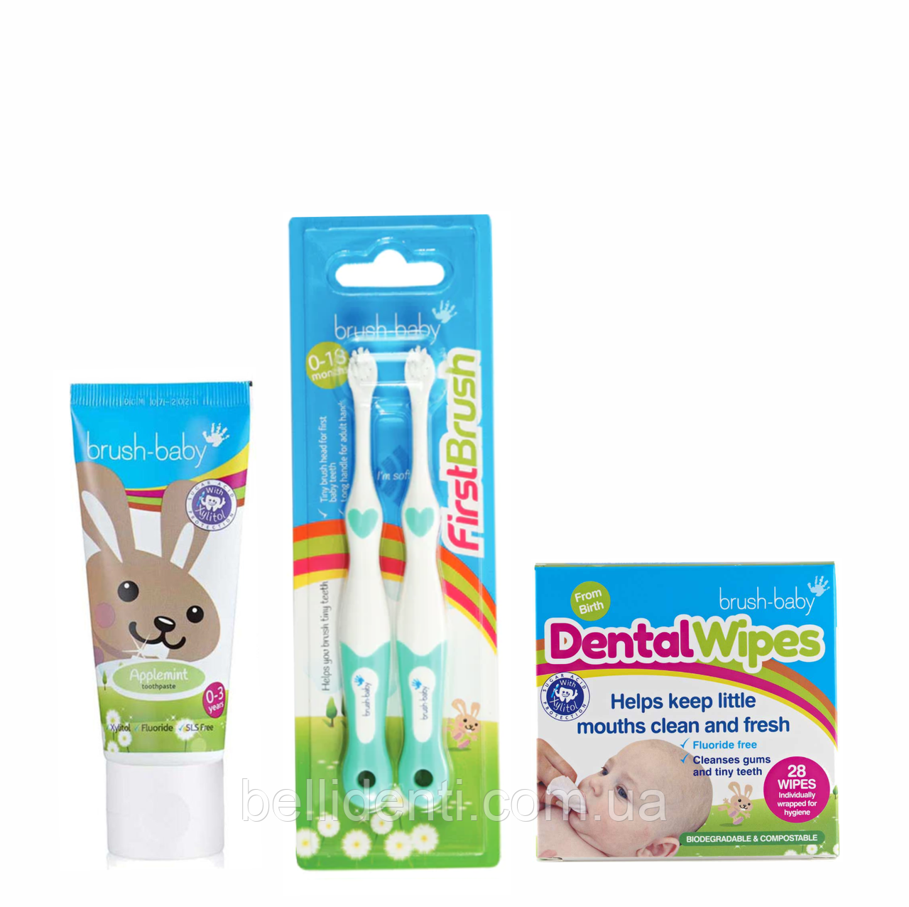 Набір Brush-Baby Dental Wipes (серветки 28 шт+паста 50 мл зайчик+ 2 бірюзові щітки)