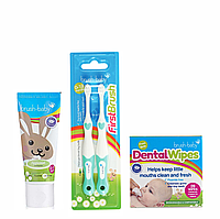 Набор Brush-Baby Dental Wipes (салфетки 28 шт+паста 50 мл зайчик+2 щетки бирюзовые)