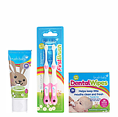 Набір Brush-Baby Dental Wipes (серветки 28 шт+паста 50 мл зайчик+2 рожеві щітки)