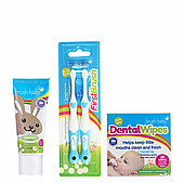 Набір Brush-Baby Dental Wipes (серветки 28 шт+паста 50 мл зайчик+2 блакитні щітки)