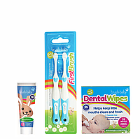 Набор Brush-Baby Dental Wipes (салфетки 28 шт+паста 12 мл зайчик+2 щетки голубые)