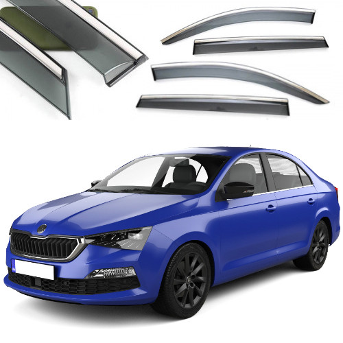 Дефлектори вікон вітровики Benke для  Skoda Rapid 2012-2019 лифтбек Хром Молдинг Із Нержавіючої Сталі 3D, фото 1