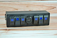 Блок переключателей с кронштейном 6 клавиш с подсветкой, два выхода под USB 4.2А + вольтметр (наклейки клавиш)