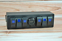 Блок перемикачів з кронштейном 6 клавіш із підсвічуванням, два виходи під USB 4.2А + вольтметр (наклейки клавіш)