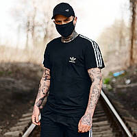 Мужская футболка Adidas черная с полосами Адидас с лампасами (G)