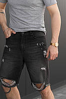 Модные джинсовые шорты мужские летние на каждый день свободные черные / Шорты джинсовые мужские рваные