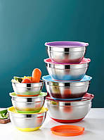 Набір металевих мисок 5 шт. 18-26см для кухні із силіконовою кришкою / глибока миска для змішування 2; 5; 1.4; 4.1; 2.5; 3.4; 6.5, 18-30см