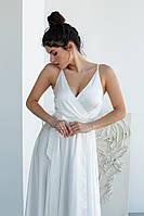 Белое шелковое платье на запах на бретелях, боковой разрез идеальное для помолвки и выпускных фото (XXS,
