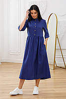 Платье свободное из завышеной талией из льна Тильда 42-60 размеры разные расцветки Синий, 42