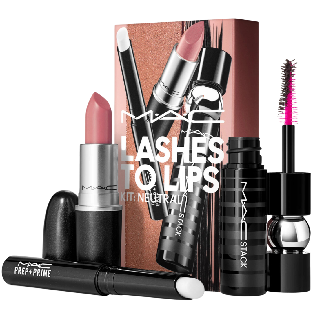 Набір косметики туш + праймер для губ + матова помада MAC Lashes to Lips Gift Set Net Netutral 8 мл + 1.7 г + 3 г