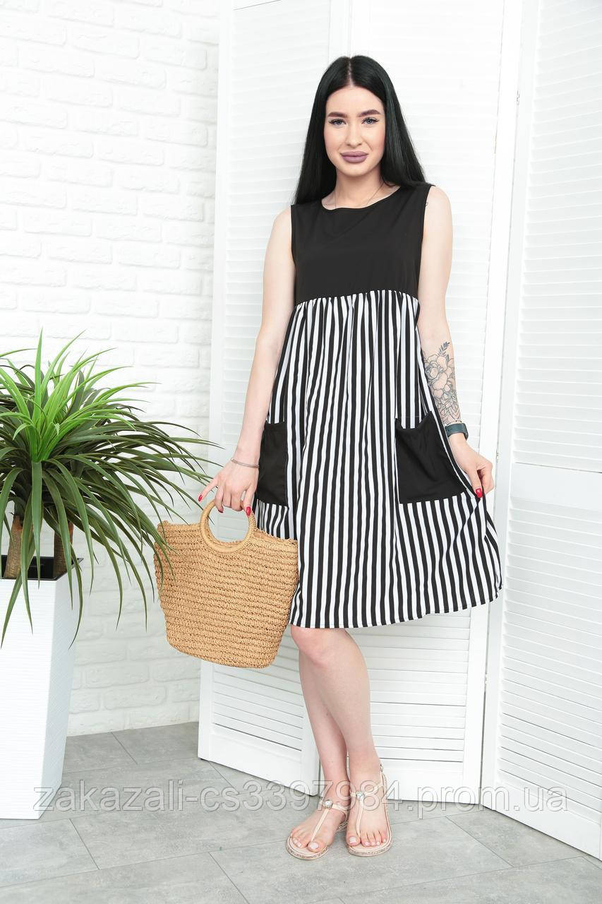 📌 Жіноча Літня сукня із завищеною талією, у вертикальну смужку, з кишенями, софт | Норма та батал, фото 1