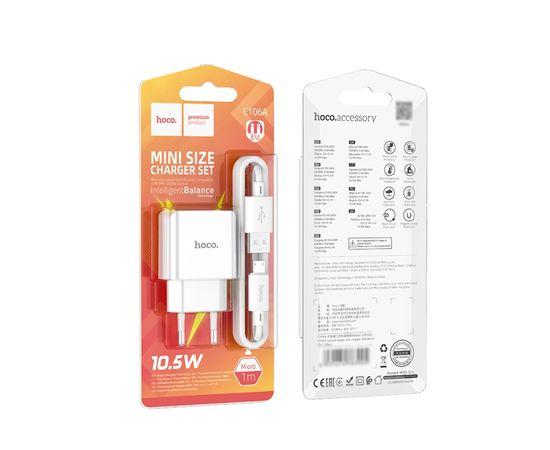 Мережевий зарядний пристрій Hoco C106A з кабелем USB-MicroUSB білий, фото 1