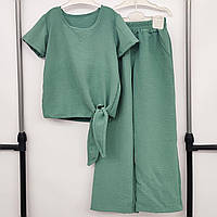 Летний комплект для девочки футболка и штаны палаццо 60 (110см-116см), Ментол