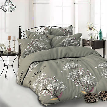 Постільна білизна Королева Ночі (Бязь) | Полуторний комплект | 50х70 | Квіти з текстом на сірому