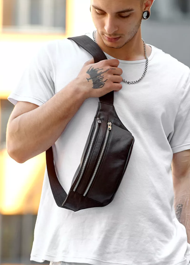 Чоловіча поясна сумка шкіряна, чорна бананка, фото 1