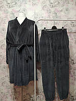 Женский велюровый домашний комплект двойка халат штаны серый бархатный костюм пижама 42