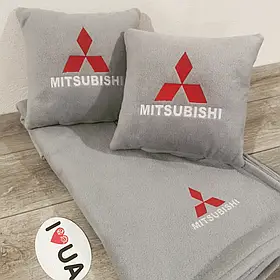 Авто подушка 2 шт - плед з вишивкою логотипа  "Mitsubishi" колір світло сірий