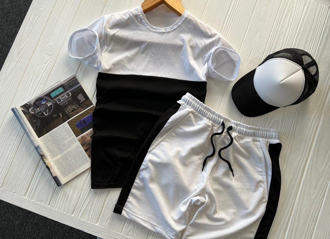 Костюм чоловічий літній футболка шорти кепка double білий-чорний спортивний костюм двонитка, фото 1