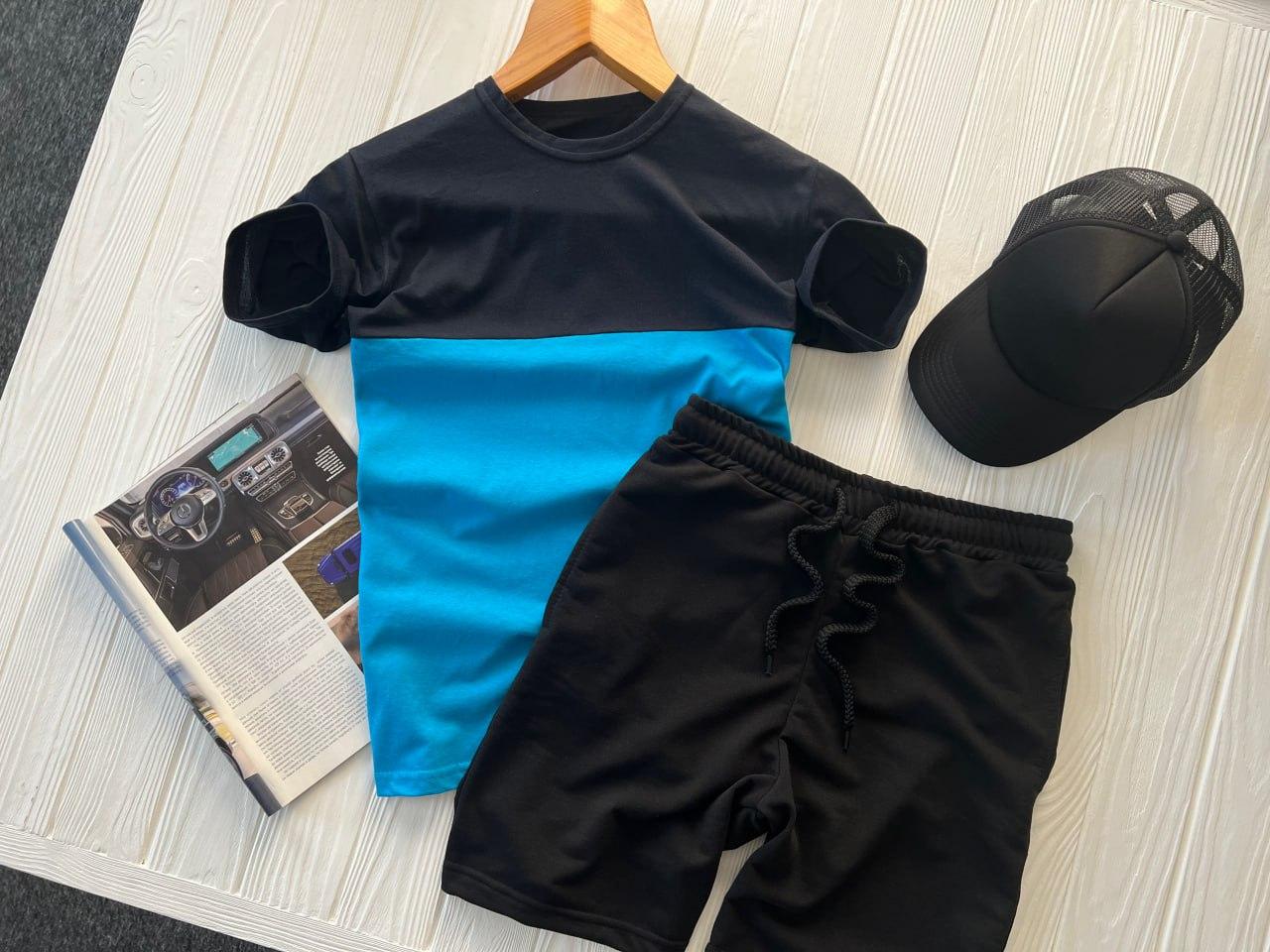 Костюм чоловічий літній футболка шорти кепка double блакитний-чорний спортивний костюм двонитка, фото 1