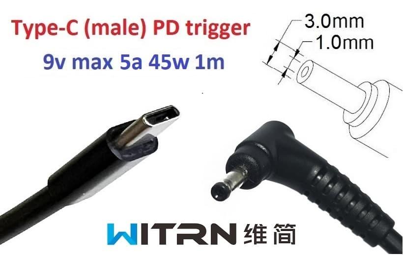Перехідник для роутера 9v (3a, 27w) 3.0x1.0(0.9/1.1)mm 1m з USB Type-C (male) Power Delivery PD (WITRN) тригер (A class) 1 день