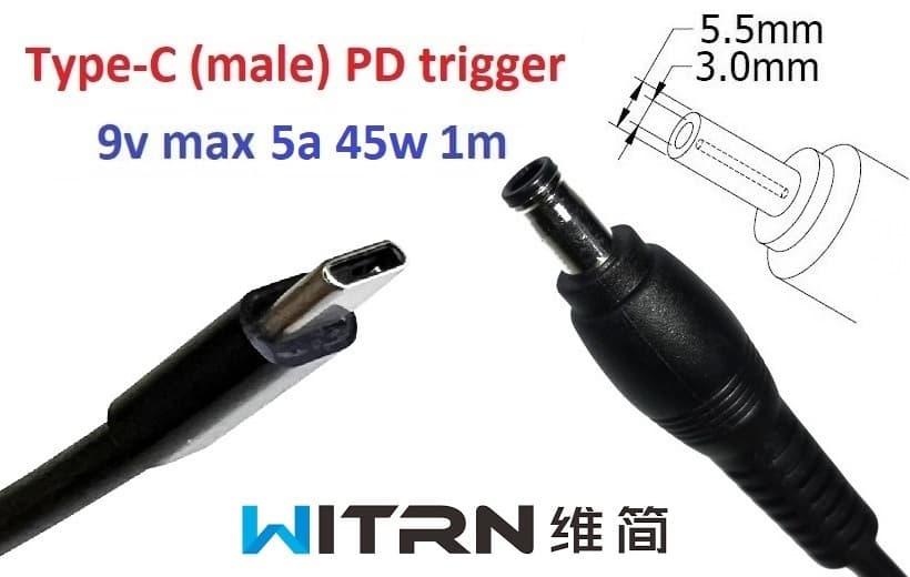 Перехідник для роутера 9v (3a, 27w) 5.5x3.0 or 5.0x3.0mm (+pin) 1m з USB Type-C (male) Power Delivery PD (WITRN) тригер (A class)