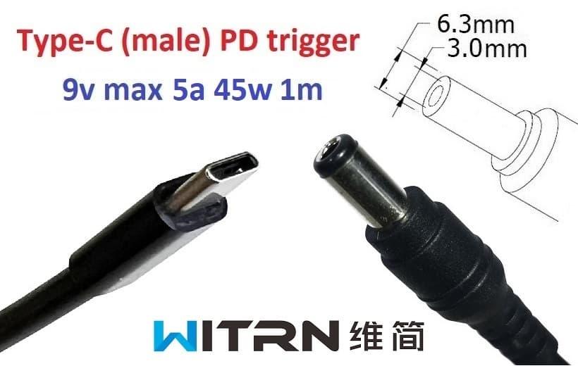 Перехідник для роутера 9v (3a, 27w) 6.3x3.0mm 1m з USB Type-C (male) Power Delivery PD (WITRN) тригер (A class) 1 день гар.