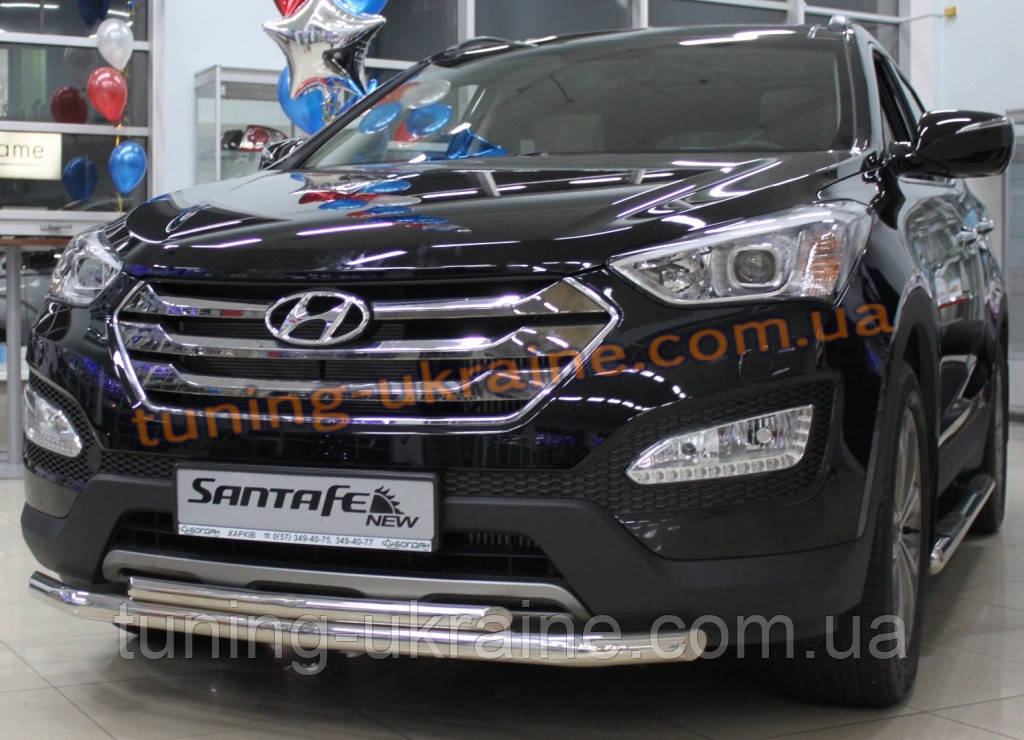 Защита переднего бампера труба двойная D60-42 на Hyundai Santa Fe 2013 - фото 4 - id-p321757294