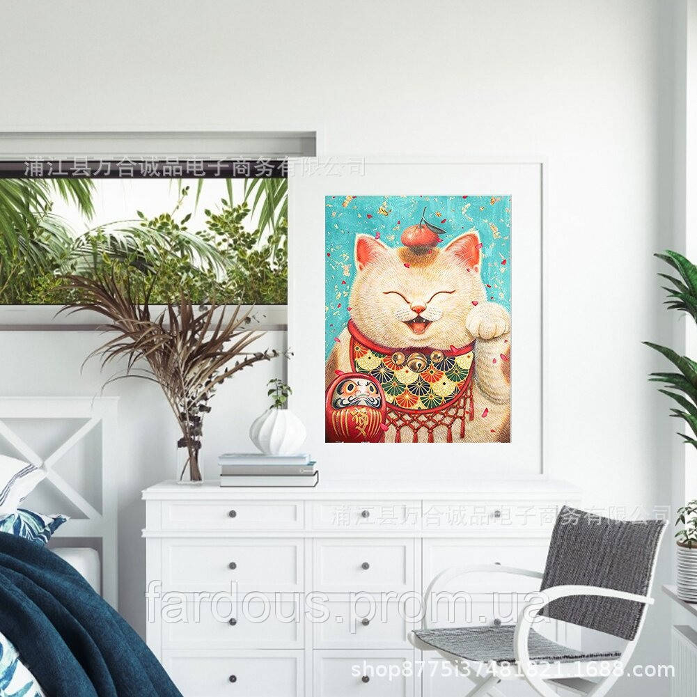 Алмазна мозаїка "Кіт удачі", картина стразами. Матова. 20*30 см