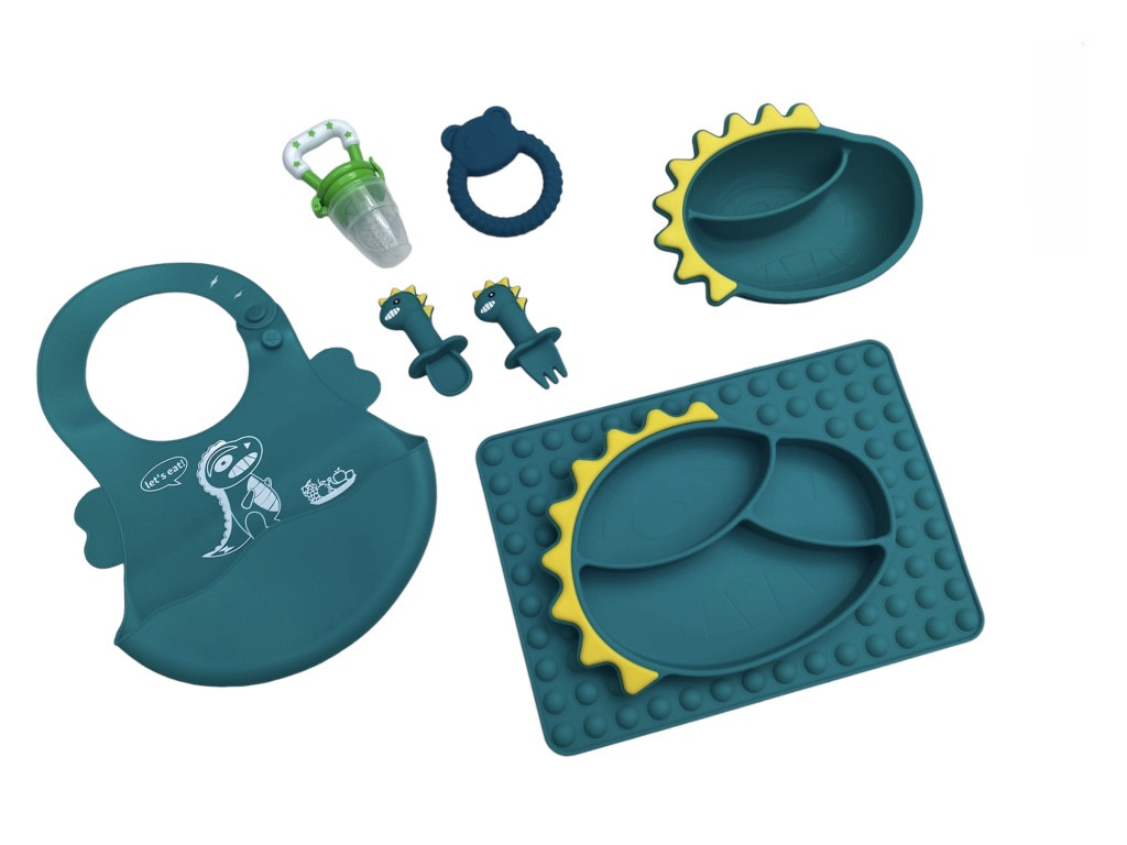 Дитячий силіконовий набір посуду для годування Дракоша (зелений) 7 предметів