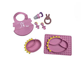 Дитячий силіконовий набір посуду для годування Дракоша (рожевий) 7 предметів