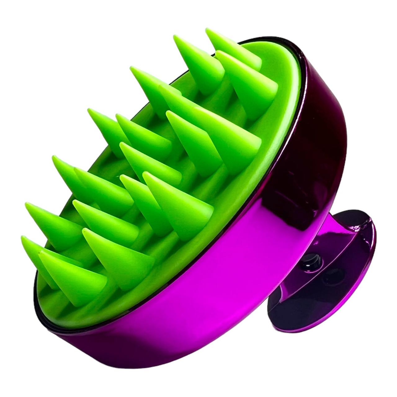 Щітка-масажер силіконова для шкіри голови з ручкою кругла хромована фіолетова