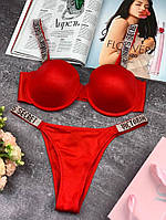 Женский комплект Victoria`s Secret со стразами, Женский комплект со стразами Премиум Качества 85D, Красный