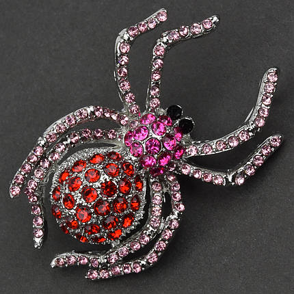 Брошка металева на сріблястій основі павук із різнокольоровими кришталевими камінчиками розмір 50х30 мм, фото 1
