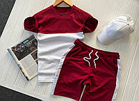 Костюм мужской летний Футболка + Шорты + Кепка Double бордовый-белый | Спортивный костюм двунитка