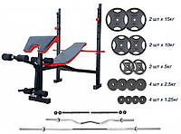 Скамья для жима ReadMeBlack + Штанга металлическая 83 кг + гриф W с гантелями