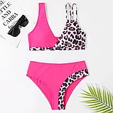 Яскравий рожевий роздільний купальник з леопардовими вставками, фото 3