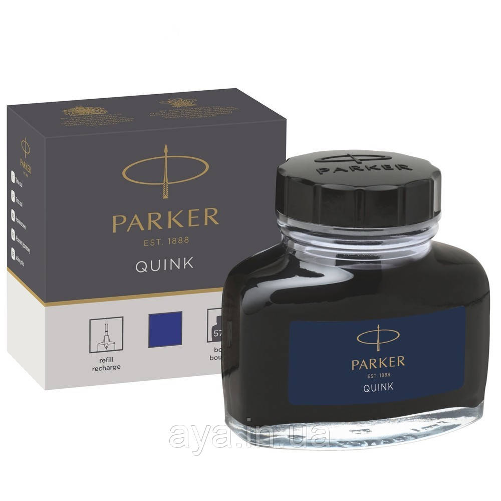Чорнило Parker Quink для заправки перових ручок, для конвертора (57 мл, скляний флакон, колір чорнила синій) 11 010ВLU