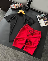 Мужской летний костюм Футболка + Шорты черный с красным базовый без бренда Спортивный костюм на лето (G)