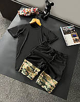 Мужской летний костюм Футболка + Шорты черный камуфляж базовый без бренда Спортивный костюм на лето (G)