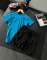 Мужской летний костюм Футболка + Шорты голубой с черным базовый без бренда Спортивный костюм на лето (G)